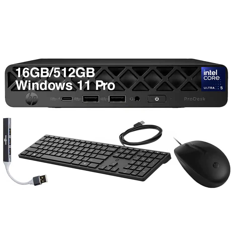 HP - Upgraded - ProDesk 4 Mini G1i Desktop (Ultra 5-235T, 16GB, 512GB SSD, Built-In AI NPU, Dual DP, WiFi 6E, BT 5.3, Win11Pro)w/USB Hub - Black