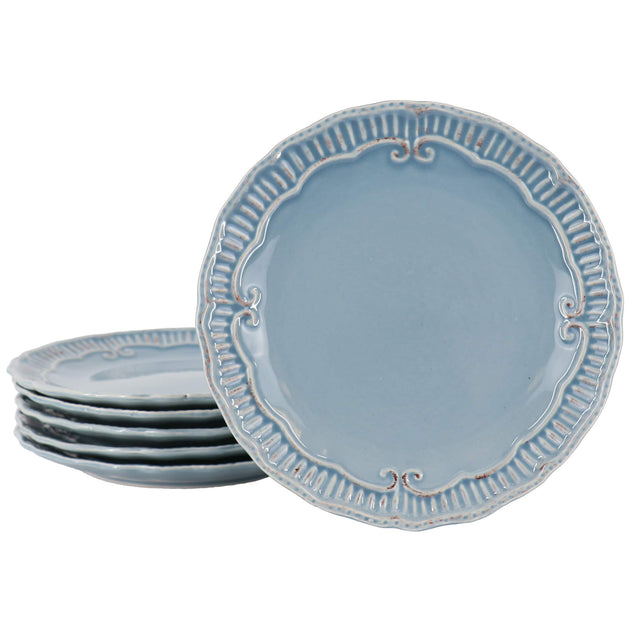 Front. Modern Southern Home - Modern Southern Home Capri 6 Piece 9 Inch Stoneware Embossed Dessert Plate Set in Blue - Blue.