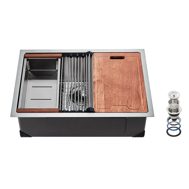 Front. VEVOR - 32 inch Kitchen Sink Workstation, 304 Stainless Steel Undermount Sink, Drop-In Single Bowl Farmhouse Basin - Grey.