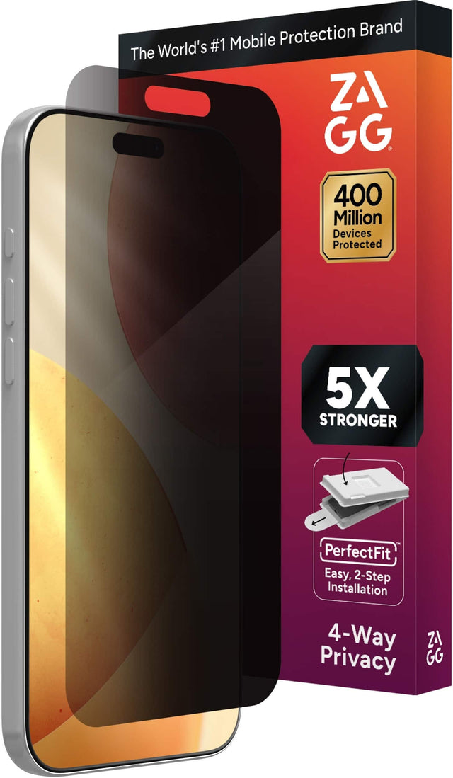 The World's #1 Mobile Protection Brand

ZAGG

400 Million Devices Protected

5X STRONGER

PerfectFit
Easy, 2-Step Installation

4-Way Privacy