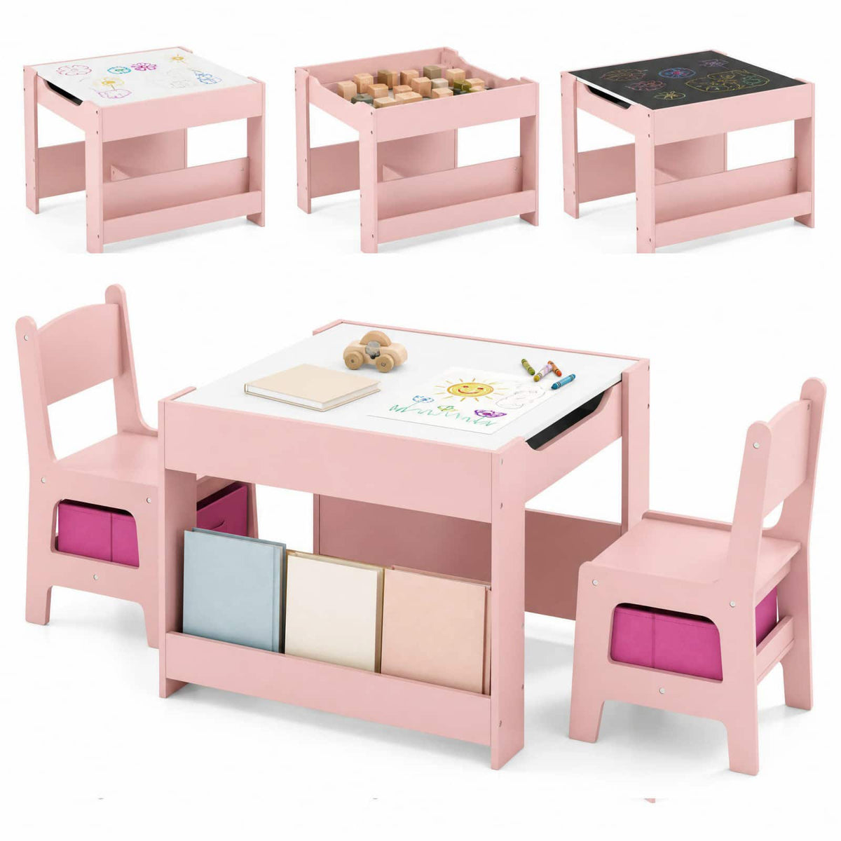 Costway - 4-in-1 Kids Table & Chair Set Toddler Wooden Activity Table with Side Bookshelves - Pink