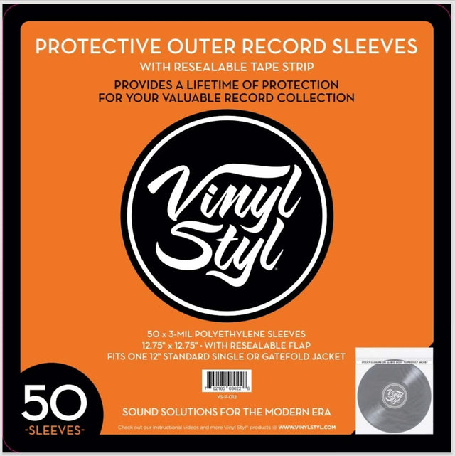 **PROTECTIVE OUTER RECORD SLEEVES**  
WITH RESEALABLE TAPE STRIP  
PROVIDES A LIFETIME OF PROTECTION FOR YOUR VALUABLE RECORD COLLECTION  

**Vinyl Styl**  

50 x 3-MIL POLYETHYLENE SLEEVES  
12.75" x 12.75" WITH RESEALABLE FLAP  
FITS ONE 12" STANDARD SINGLE OR GATEFOLD JACKET  

50 -SLEEVES-  

SOUND SOLUTIONS FOR THE MODERN ERA  

Check out our instructional videos and more Vinyl Styl products at **WWW.VINYLSTYL.COM**  

**50 -SLEEVES-**  

**Vinyl Styl**  
POLYETHYLENE SLEEVES  
RESEALABLE FLAP  
SINGLE