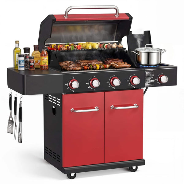 HUGROVE - 4-Burner Liquid Propane Gas Grill, 56,000 BTU Outdoor BBQ Grill with Clear-View Window, Side Burner & Cast Iron Grates