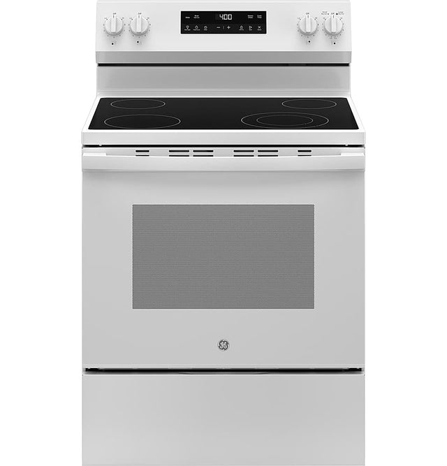 Front. GE - 5.3 Cu. Ft. Freestanding Electric Range with Steam Cleaning and 4 Burner Radiant Cooktop - White.
