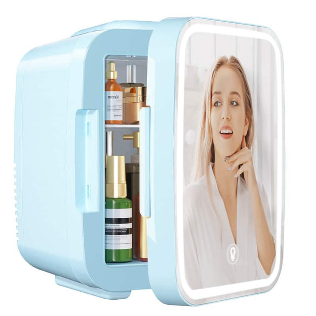 Front. YASHE - Portable Mini Skincare Fridge with Dimmable LED Mirror, 4L/6 Can Cooler & Warmer for Makeup& Food - Blue.