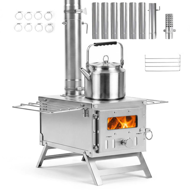 Front. Costway - Costway Hot Tent Stove, Portable Wood Burning Stove with 7 Chimney Pipes & Spark Arrestor - Silver.