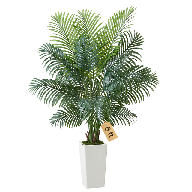 Front. VEVOR - Artificial Areca Palm Tree 6 ft, Fake Palm Tropical Plants with White Tall Planter, Faux Floor Silk Plant in Pot - Green.