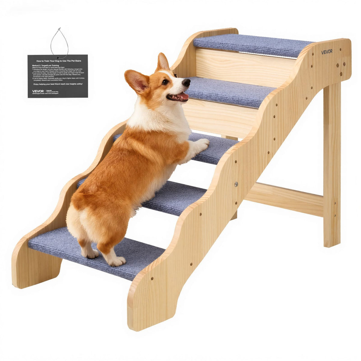 VEVOR - Wood Pet Stairs, 5-Step Dog Stairs for High Beds, Sofa & Cars, 150lbs Load Capacity, Non-Slip Surface - Wood color