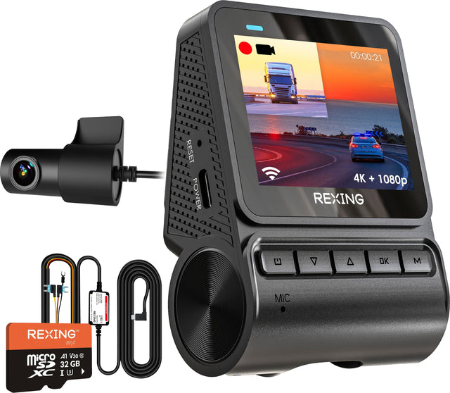 The text on the image reads:

* REXING SP 201 32 GB 8 I I ENOCE  MIC 4K + 1080p REXING A A O M A

This text seems to be a combination of product features and information, such as the brand (REXING), model (SP 201), storage capacity (32 GB), and the presence of a microphone for recording audio. The text also mentions the camera's ability to record both 4K and 1080p video.