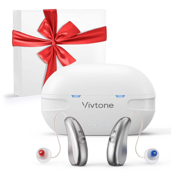 Front. Vivtone - Xpure Rechargeable Bluetooth Hearing Aids with Phone Call & Music Streaming & APP Control for Precise Fitting - Silver with white case.