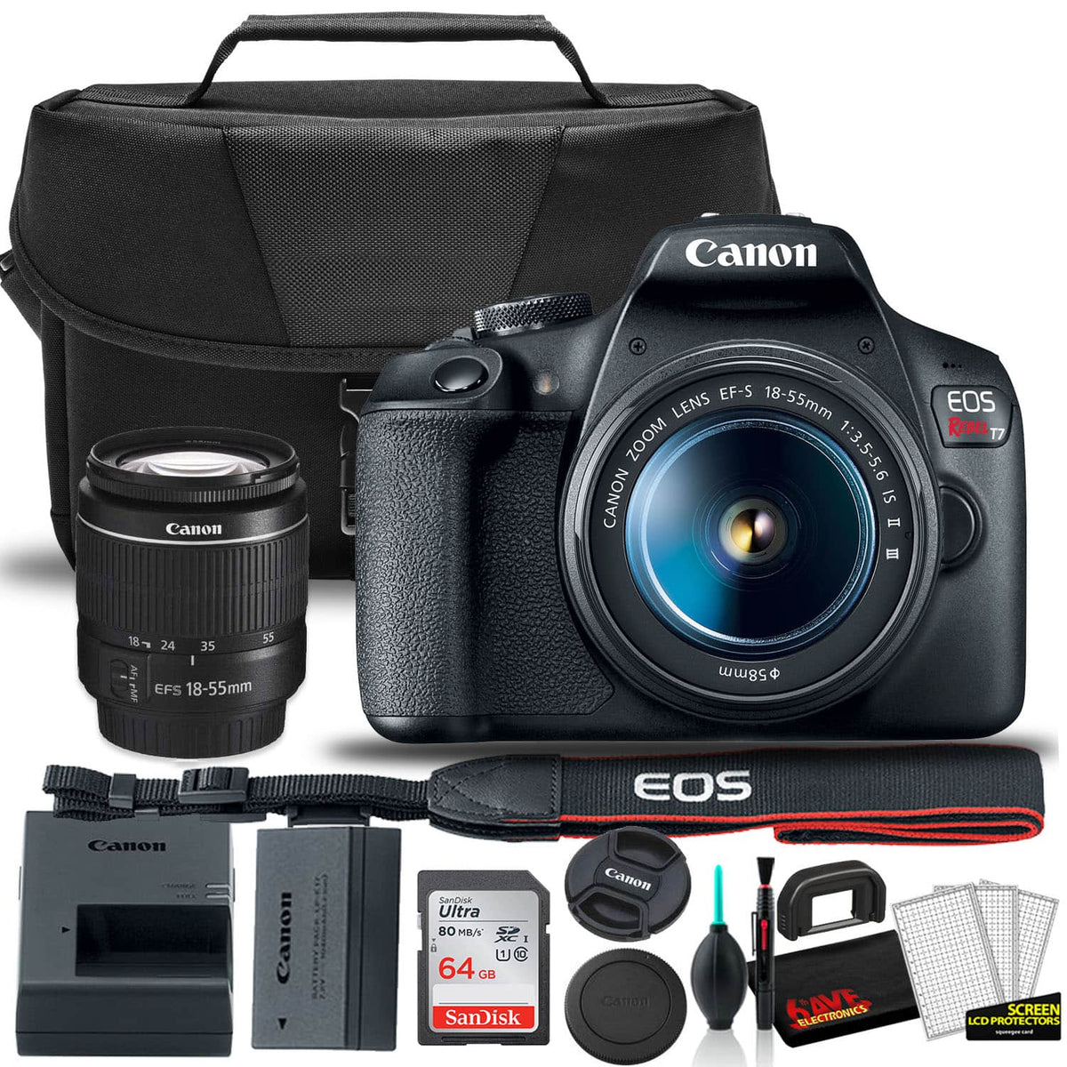 Bundle - Canon - EOS Rebel T7 DSLR Camera w 18-55mm Lens Starter + w: EOS Bag + Ultra 64GB - Black