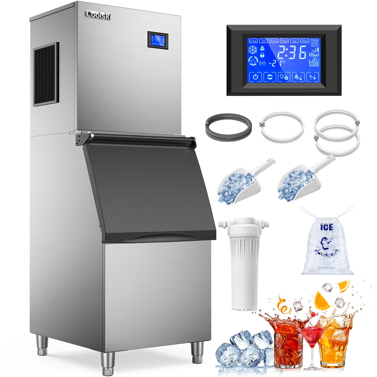 Coolski - Commercial Ice Machine 550LBS/24H, 22”W Industrial Ice Maker with Large Storage Bin, Ideal for Restaurants/Bars/Hotels - Silver