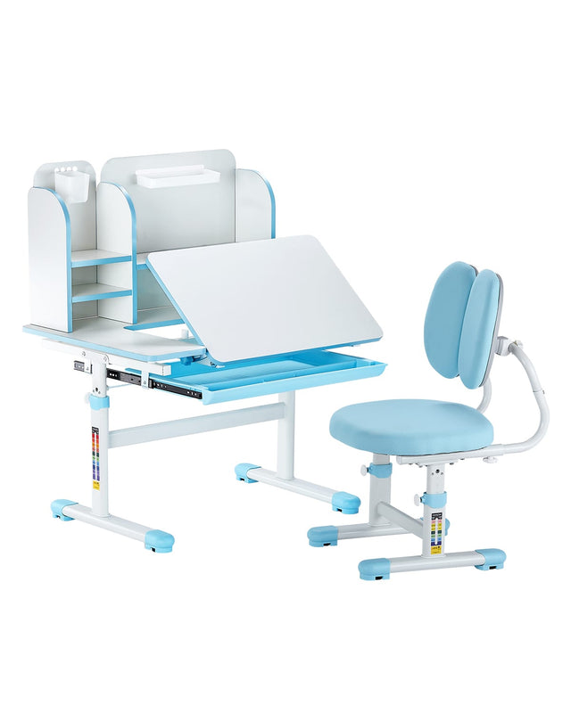 Front. VEVOR - Kids Study Chair and Desk Set, Study Desk and Chair for Kids with Bookshelf & Storage Drawer - Blue.