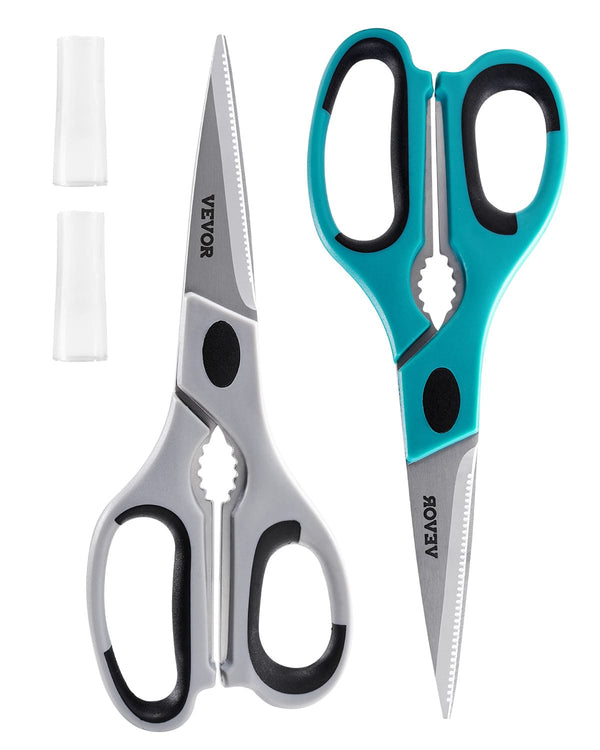 VEVOR - Kitchen Scissors, 2 Pack Durable Stainless Steel Kitchen Shears with Sheaths, Heavy Duty Cooking Shears - Gray-Black + Stainless Steel