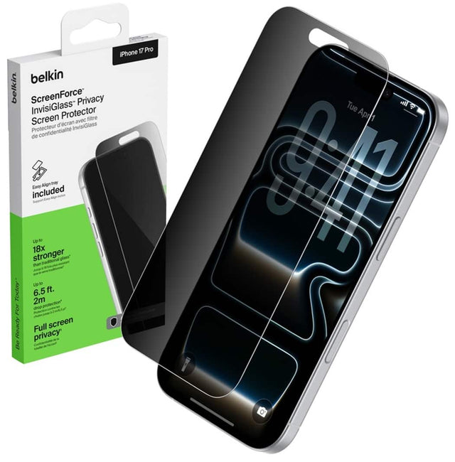17 Pro iPhone Belkin ScreenForce InvisiGlass Privacy Screen Protector Screen avec filtre de confidentialité InvisiGlass Protecteur. Easy Align tray included. Up to 18x stronger than traditional glass. Up to 6.5 ft. (2m) drop protection. Full screen privacy. Be Ready For Today.