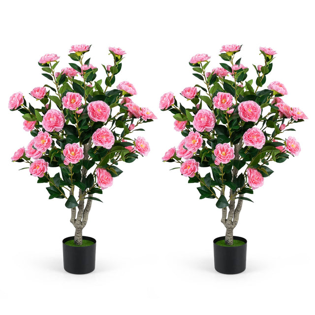 Front. Costway - Costway 2PCS 39.5" Artificial Camellia Tree, Faux Flower Plant Tree in Cement-Filled Pot - Pink & Green & Black.