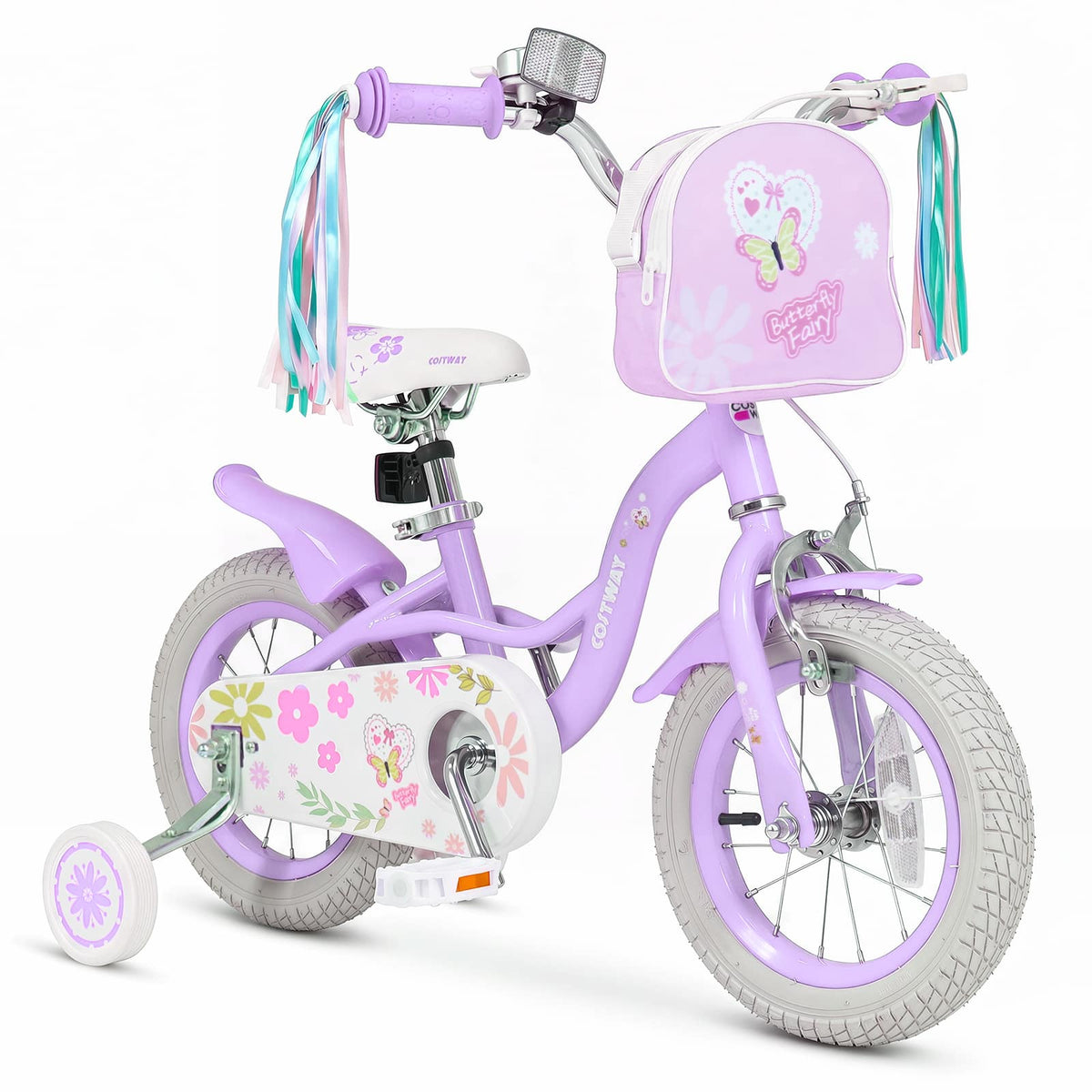 Costway - 12 Inches Girls Bike with Front Bag, Children Training Bicycle for 3-4 Years Old - Purple