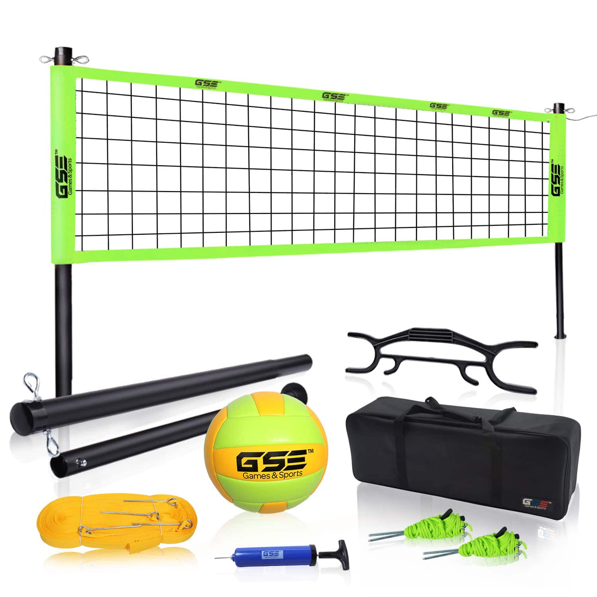 GSE Games & Sports Expert - Volleyball Net Set with Volleyball, Aluminum Poles, Winch System, Pump, and Carrying Bag(Professional) - Green