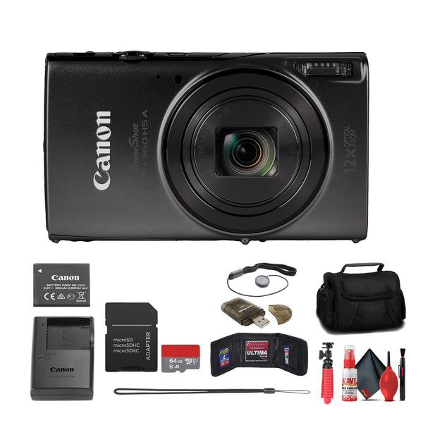 Bundle - Canon - PowerShot ELPH 360 HS A Camera + 64GB Card + More - Black