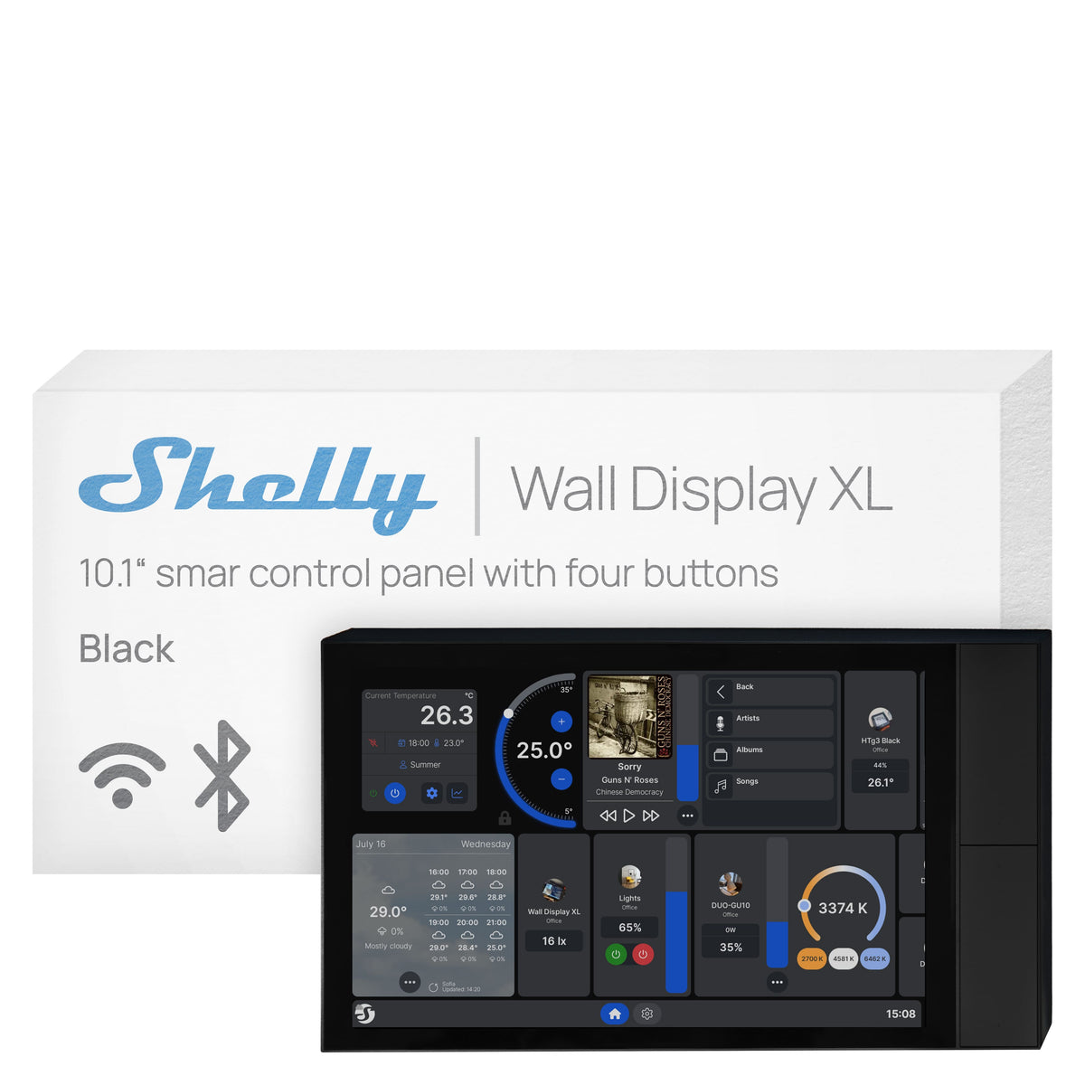 Shelly - Wall Display XL 10.1" In-Wall Smart Home Control Panel, HD Touchscreen, Wi-Fi & Bluetooth, 4 Custom Buttons - Black