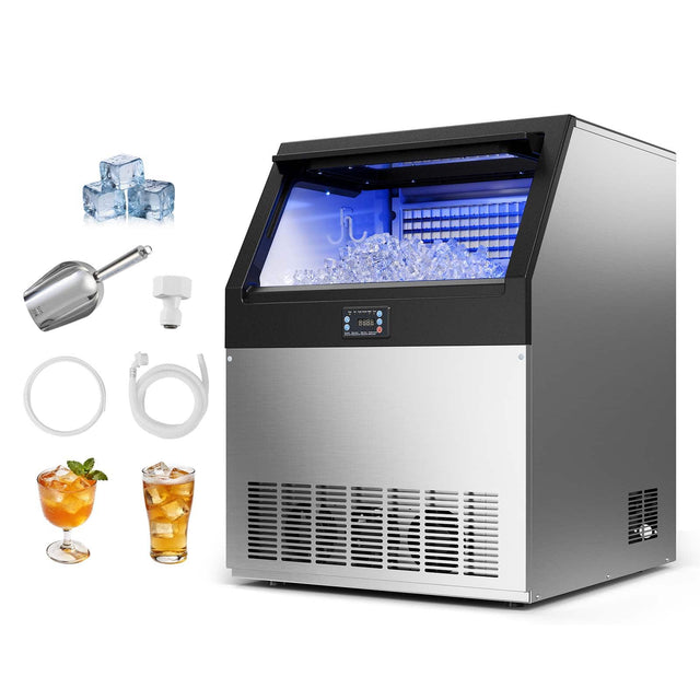 Front. VEVOR - Commercial Ice Maker Machine, 360 lbs/24h with 85 lbs Storage Capacity, Built-in/Freestanding/Under Counter - Stainless steel color.