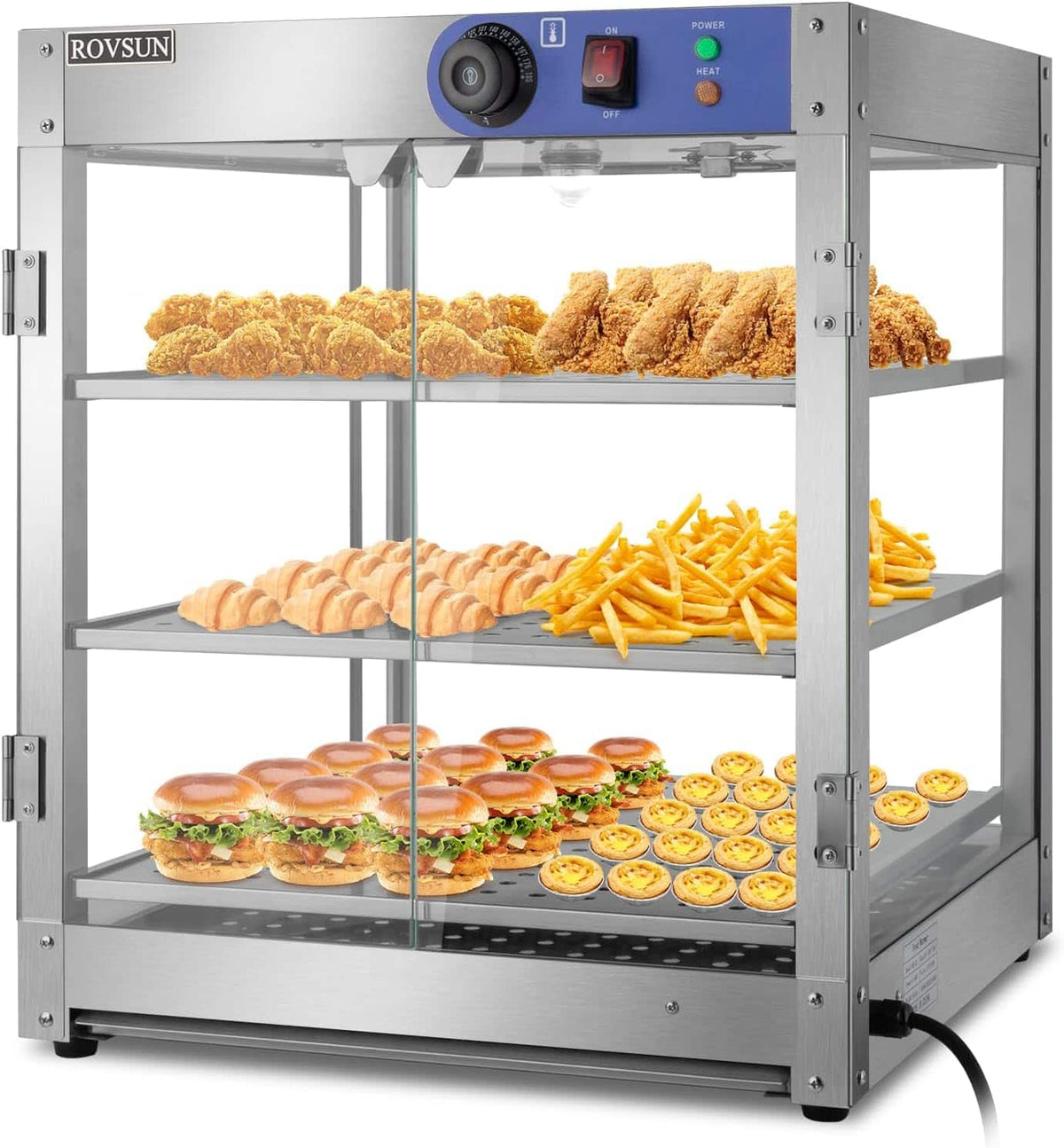 Winado - 3-Tier Electric 800W Food Warmer Display Case Commercial Food Pizza Showcase w/LED Lighting Removable Shelves Glass Door - Silver