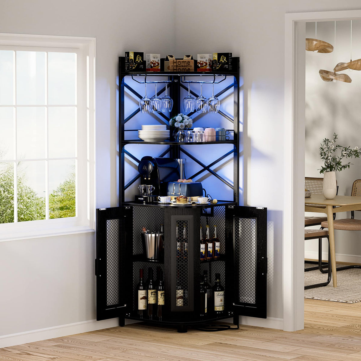 Aheaplus - Industrial 5-Tiers Corner Bar/Wine/Liquor Cabinet with Power Outlet, LED Strip & Glass Holder for Home Small Space - Black