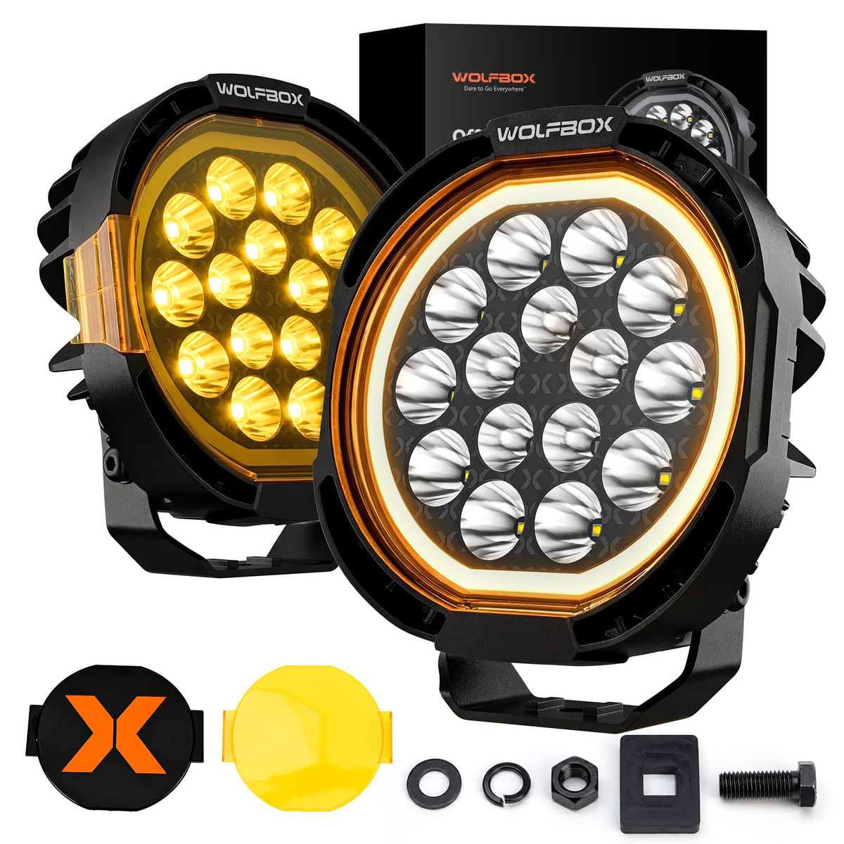 WOLFBOX - 7-Inch Pixel LED Pods - Ture 125w 15550 Lumens Off Road Ditch Lights IP69K Waterproof with Amber Spot Cover - Black