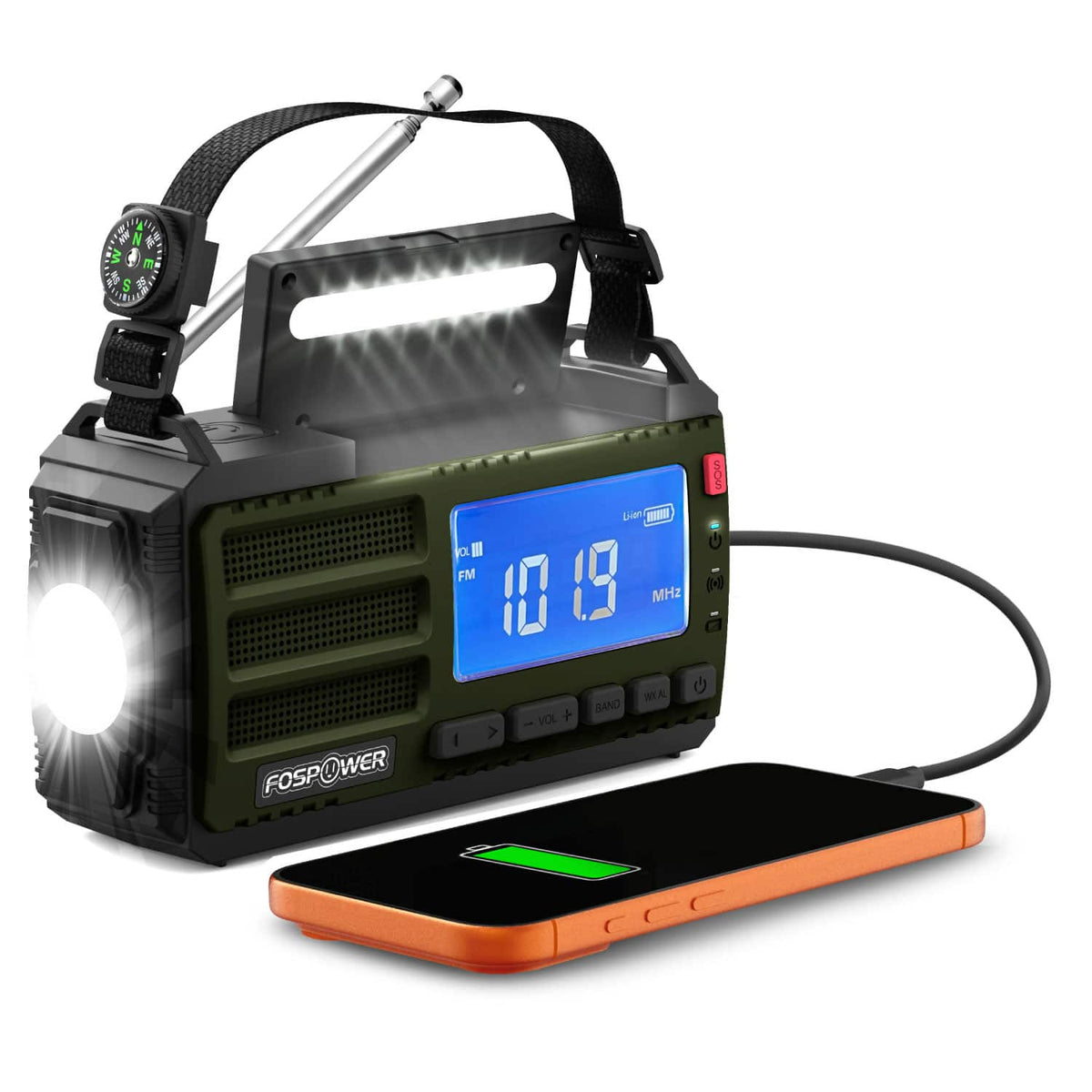 FosPower - Hand Crank Emergency Radio with Light, Portable AM FM NOAA Weather Radio Solar Power Bank 10000mAh USB C Cable SOS Alarm - Green|Black