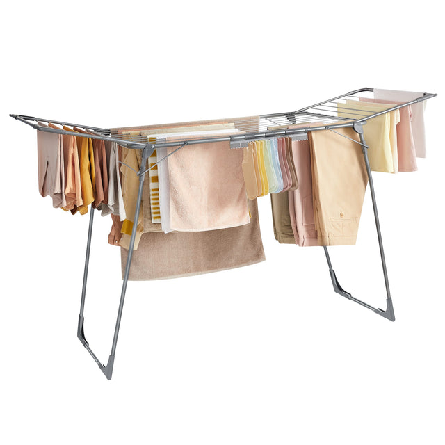 Front. Songmics Home - Clothes Drying Rack Foldable, Gullwing Laundry Drying Rack, Space-Saving, 22.2 x 68.1 x 38 Inches, Sock Clips - Outdoor Gray.
