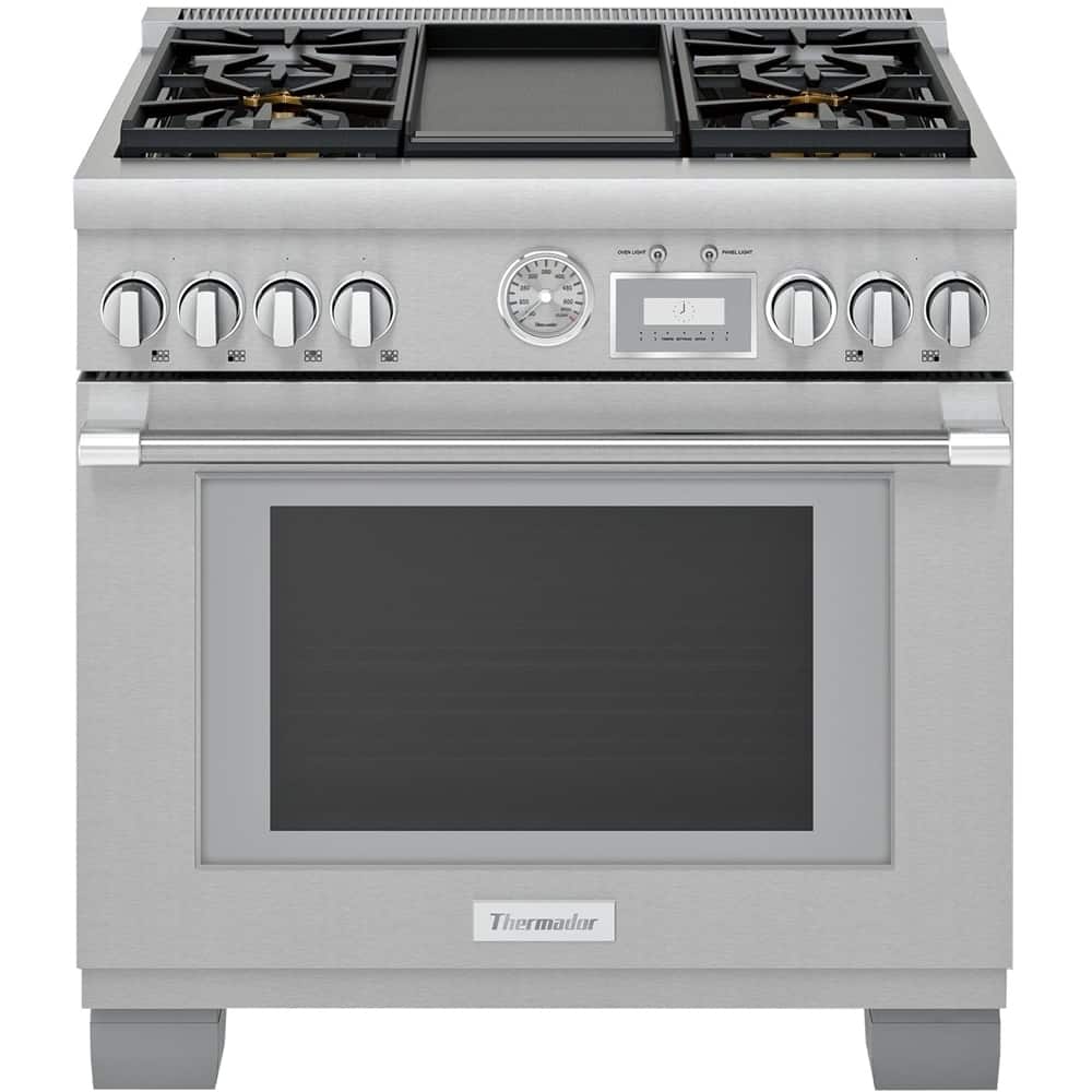 Thermador - Pro Grand 36 in. Wide 5.7 Cu. Ft. Freestanding Dual Fuel LP Convection Range with Self-Cleaning and 4 Burners - Stainless Steel