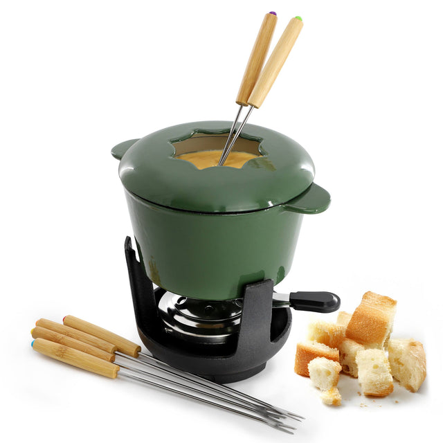 Front. MegaChef - MegaChef Enameled Cast Iron Fondue Pot with 6 Serving Forks in Green - Green.