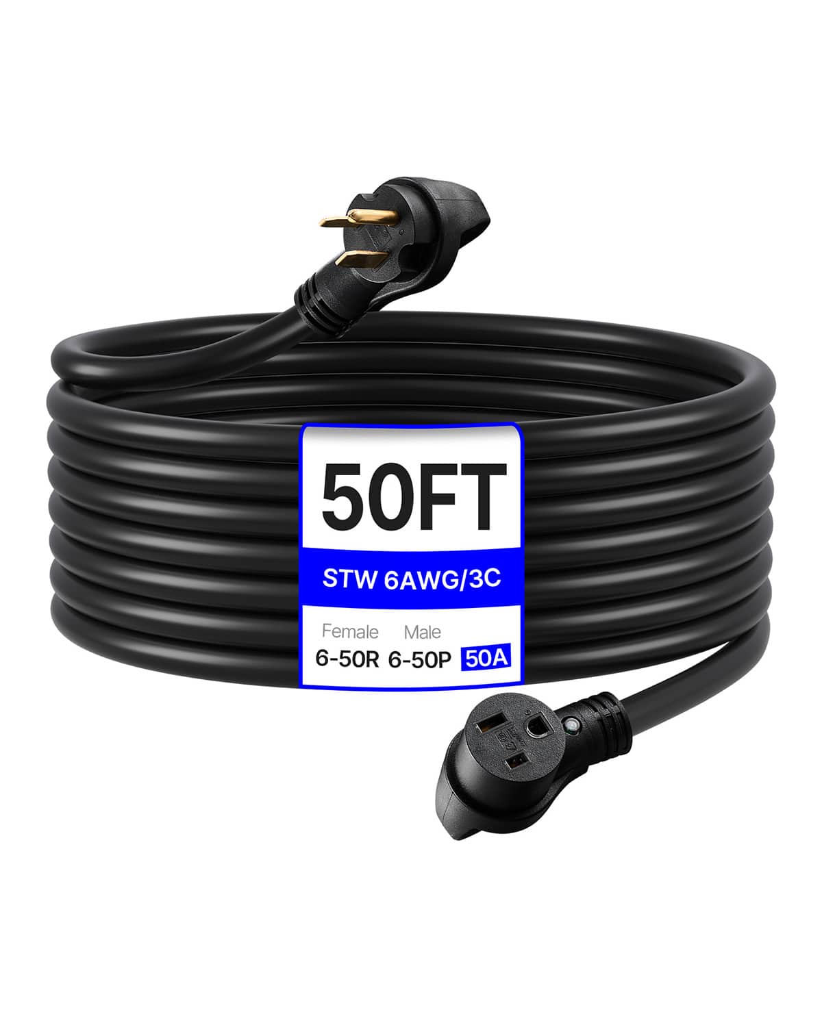 VEVOR - 50-Amp Generator Extension Cord, 50 Foot, 250 Volts 12500 Watts Heavy Duty Power Cable, NEMA 6-50R NEMA 6-50P SWT 6AWG - Black