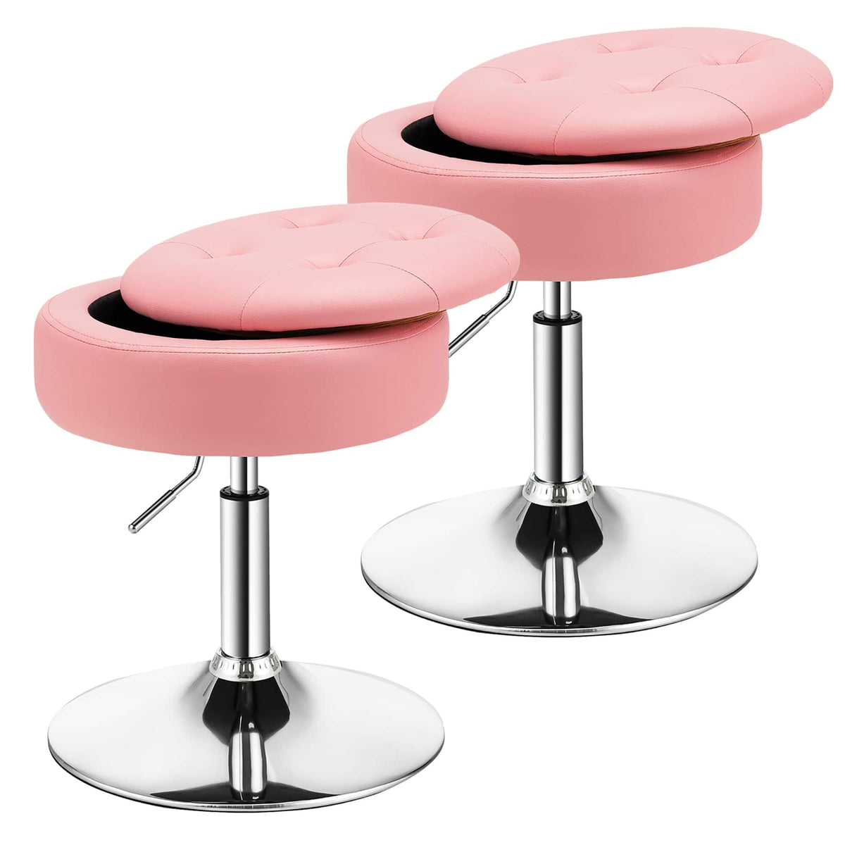 Costway - Set of 2 Adjustable Metal Vanity Stool 360° Swivel Storage Makeup Chair with Tray - Pink