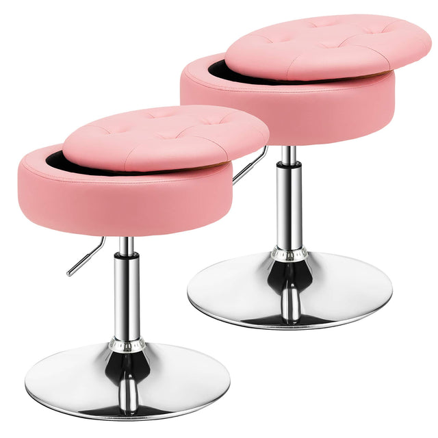 Front. Costway - Set of 2 Adjustable Metal Vanity Stool 360° Swivel Storage Makeup Chair with  Tray - Pink.
