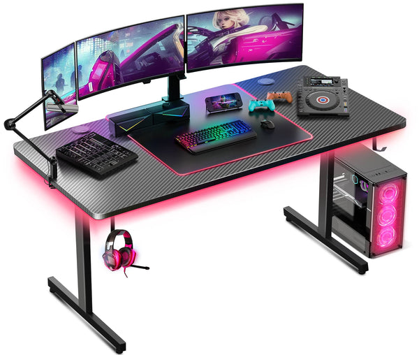 GTPlayer - 55-inch Gaming Desk with RGB Lights Mouse Pad & Accessory Hooks - Carbon Fiber - Black