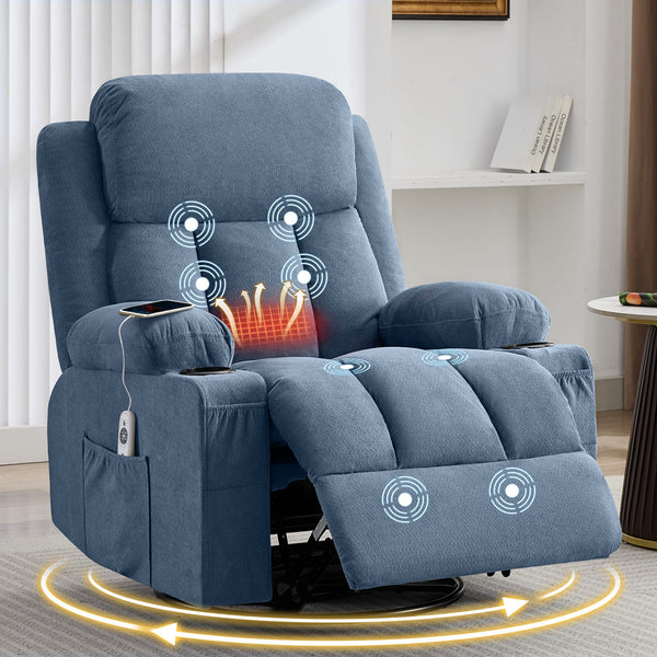 Anysun - Swivel Rocker Recliner with Heat & Massage - Side Pocket, USB Port & 2 Cup Holders for Living Room - Blue