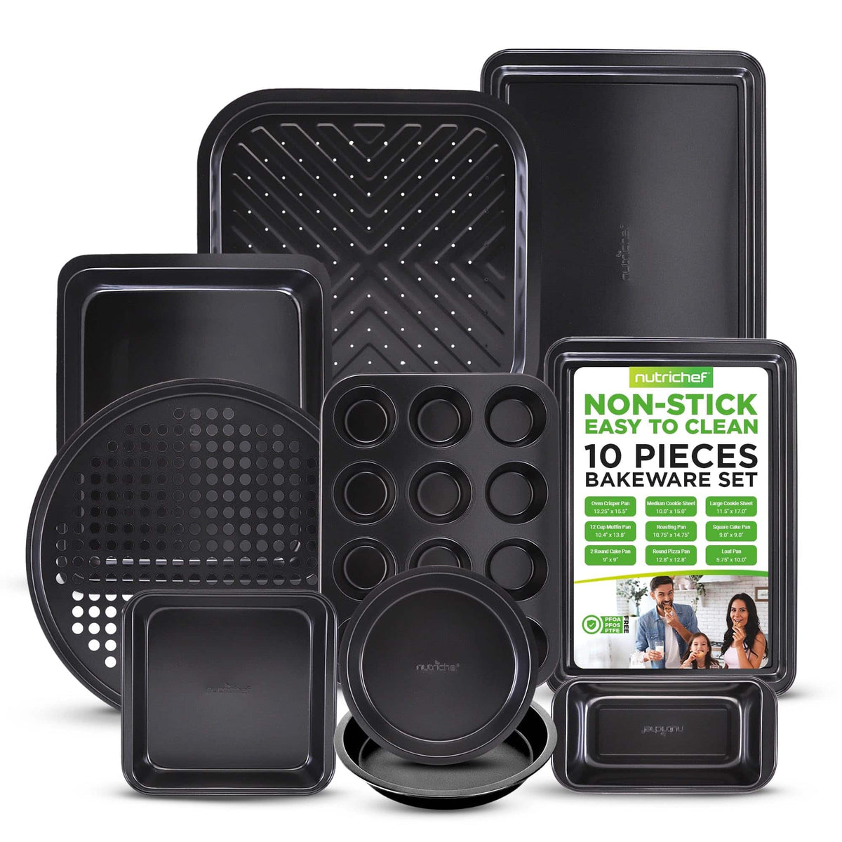 NutriChef - 10-Piece Non-Stick Bakeware Set – Carbon Steel Cookie Sheets, Muffin, Roasting, & Cake Pans (NCBS10S)