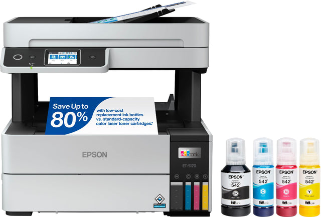 Save up to 80% with low-cost replacement ink bottles vs. standard-capacity color laser toner cartridges. EPSON elcotank ET-5170 H C M Y EPSON gmas - - - 542 EPSON hgnun - 542 EPSON Kgran - -  542 EPSON Kgoom - i  542 BK.