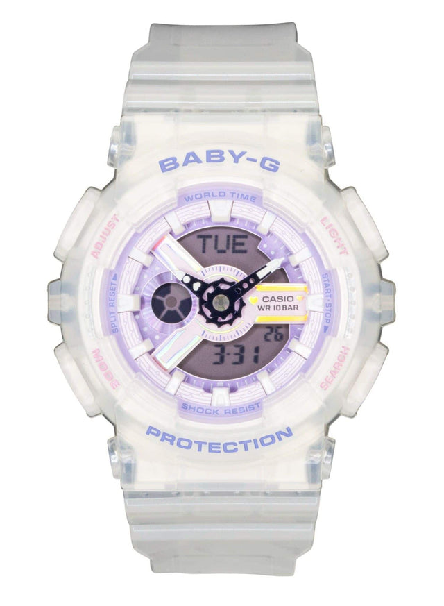 BABY-G WORLD TIME ADJUST TUE LIGHT RESET WR CASIO WR 10BAR START/STOP SPLIT-RESET MODE SEARCH SHOCK RESIST PROTECTION