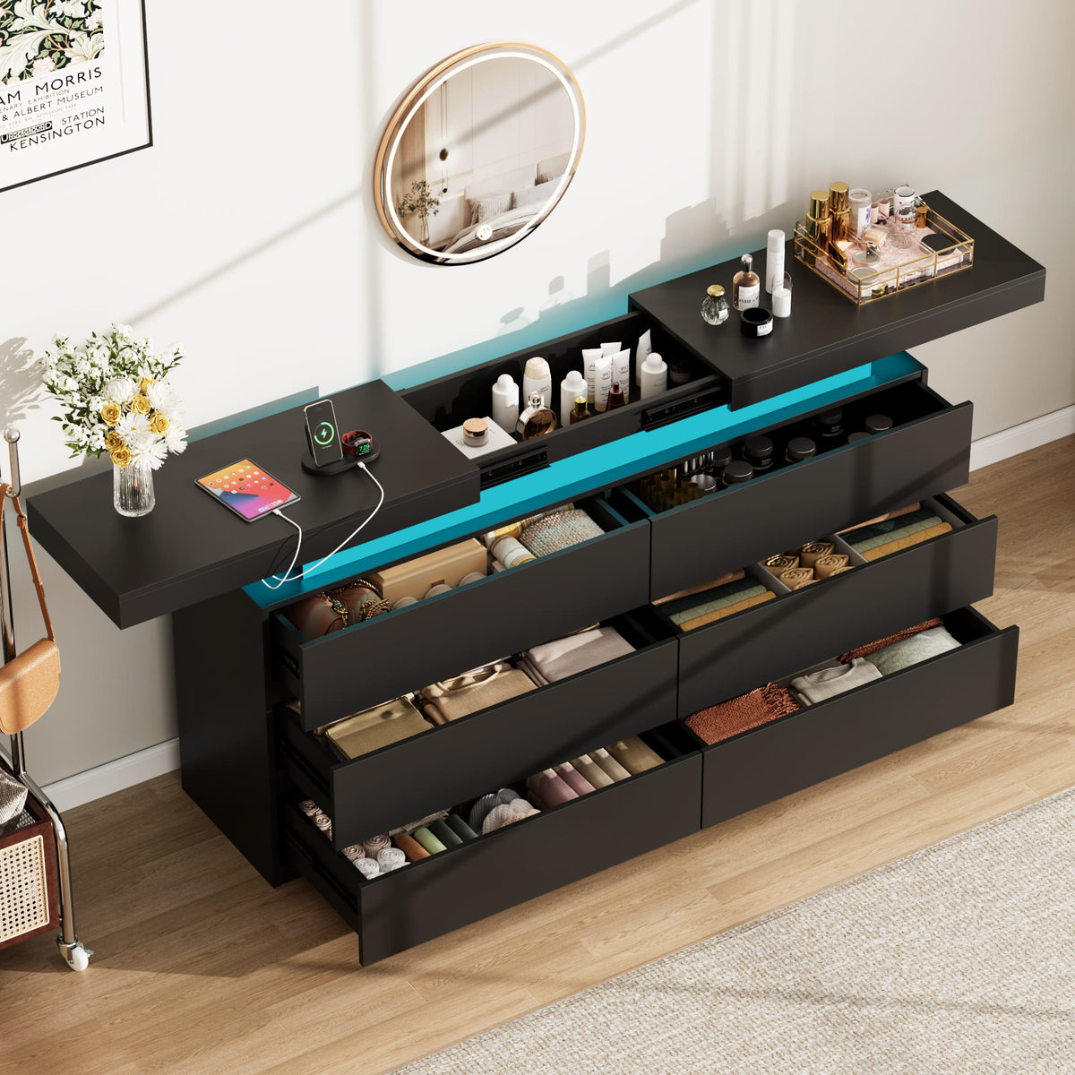 Vipbear - 6 Drawer Dresser with Hidden Sliding Desktop, Modern Double Wood Chest of Drawers with Charging Station and LED - Black
