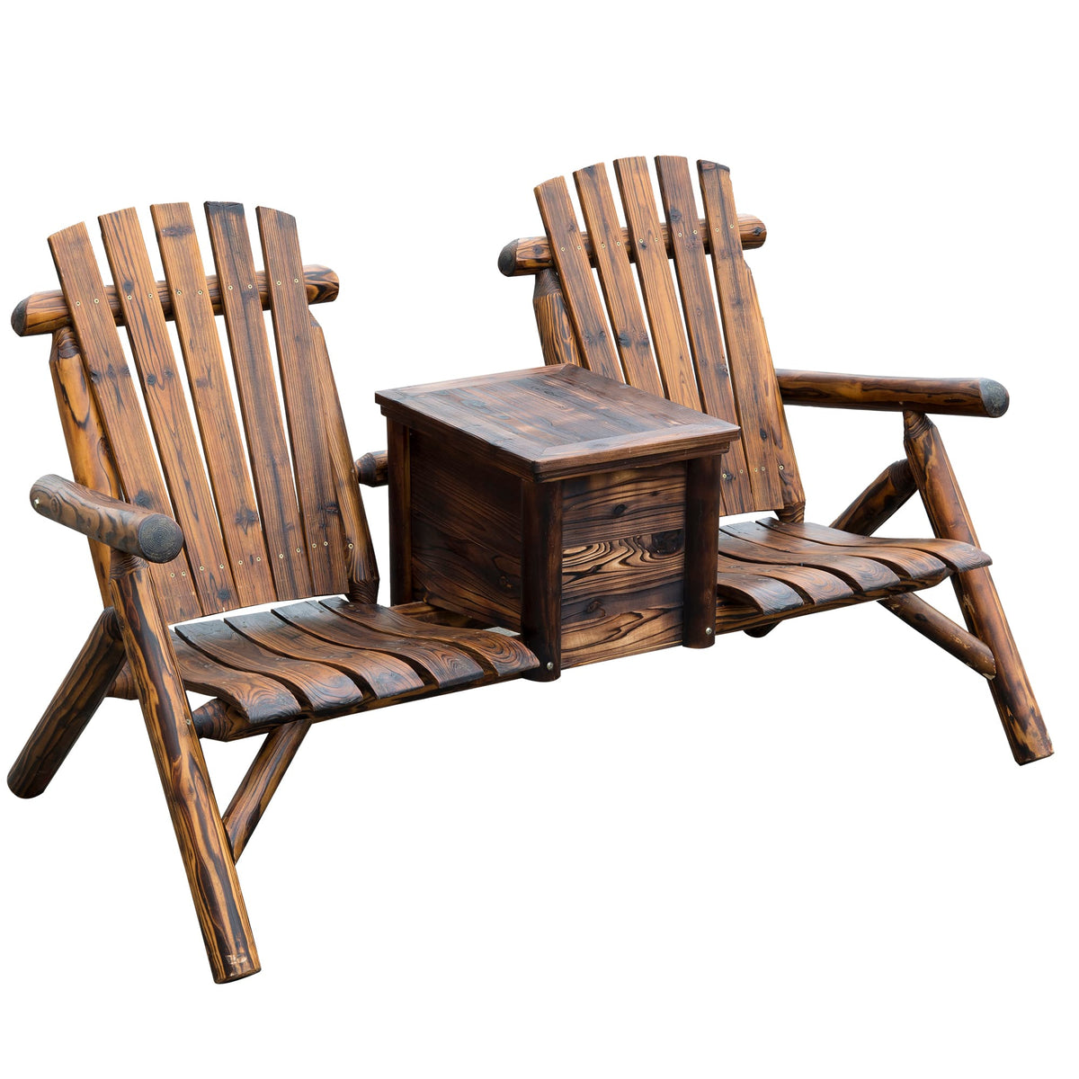 Outsunny - Wooden Adirondack Chair with Ice Bucket, Outdoor Loveseat with High Backrest, Smooth Armrest - Rustic Brown