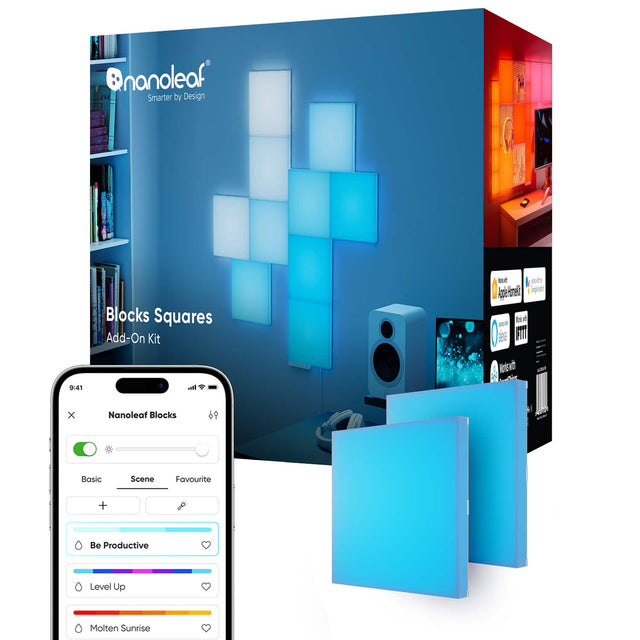 nanoleaf Smarter by Design Blocks Squares Add-On Kit me et Agperinel) - B d 38 FT Ros 9:41 atl x Nanoleaf Blocks Basic Scene Favourite + Be Productive Level Up Molten Sunrise