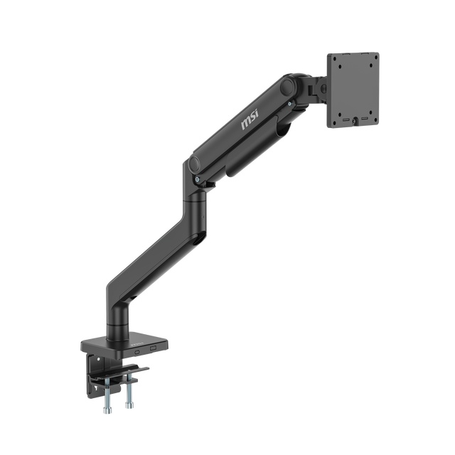 Front. MSI - MT201 Single Monitor Arm – Heavy Duty Adjustable Spring Desk Mount, VESA Compatible, 17–49in, 44 lbs, Clamp & Grommet - Matte Black.