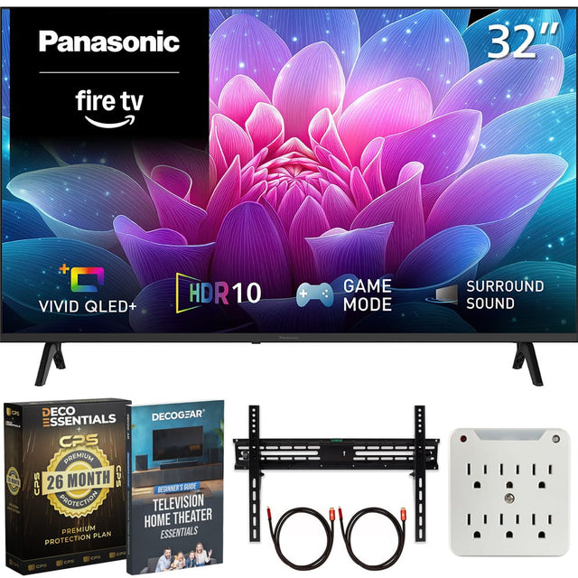 Panasonic  
32"  
fire tv  
VIVID QLED+  
HDR10  
GAME MODE  
SURROUND SOUND  

Panasonic  
DECOGEAR ESSENTIALS CPS  
PREMIUM 26 MONTH CPS  
BEGINNER'S GUIDE  
TELEVISION HOME THEATER PREMIUM PLAN  
ESSENTIALS CPS PROTECTION  
CPS COS
