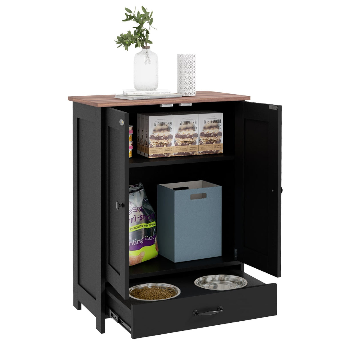 Pawhut - Dog Food Storage Cabinet, Dog Feeding Station with 2 Bowls, Adjustable Panel, Hook, Medium Sized Dogs - Black