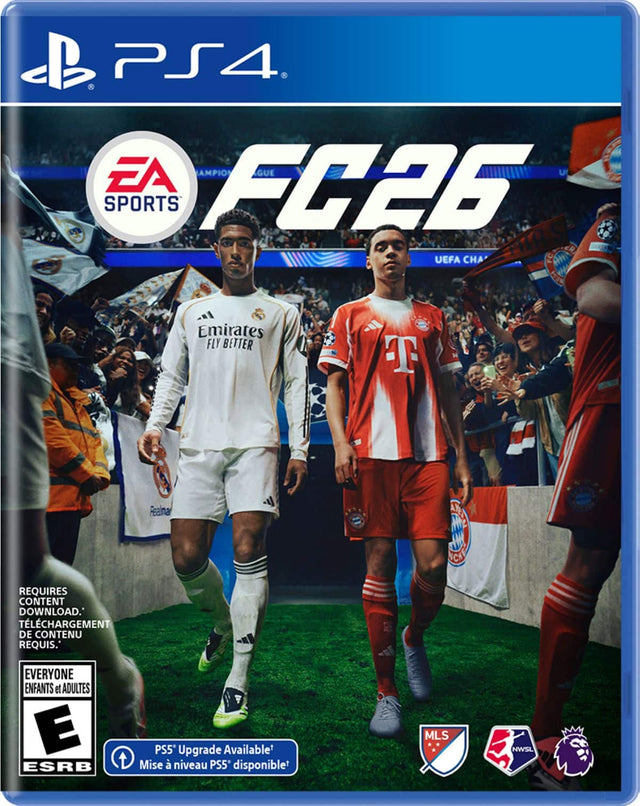 PS4  
EA SPORTS  
FC26  
UEFA CHAMPIONS LEAGUE  

Emirates FLY BETTER  
Real Madrid  

REQUIRES CONTENT DOWNLOAD.  
TELECHARGEMENT DE CONTENU REQUIS.  

EVERYONE ENFANTS et ADULTES  
E  
ESRB  

PS5 Upgrade Available  
Mise à niveau PS5 disponible  

MLS  
NWSL