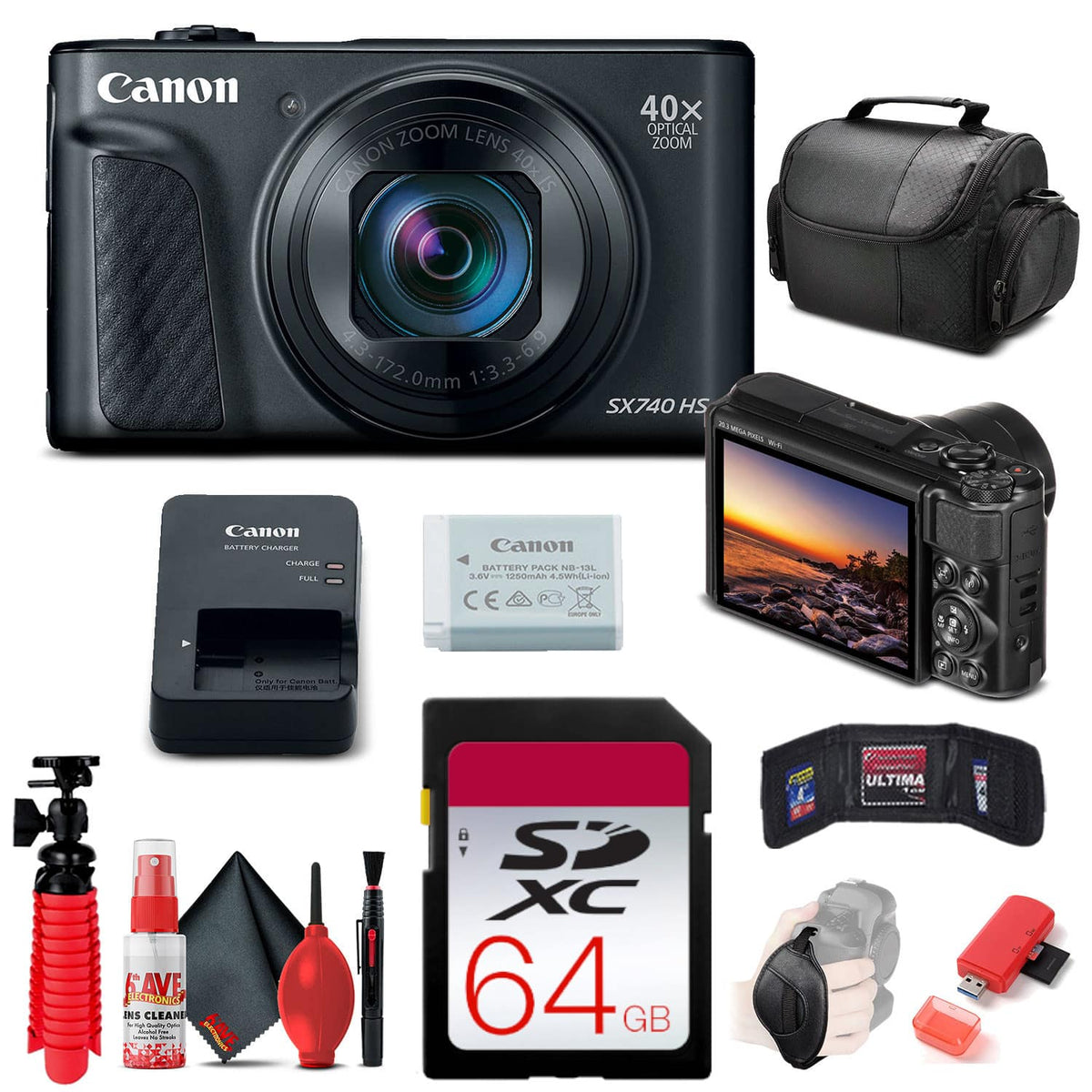 Bundle - Canon - PowerShot SX740 HS Camera (Black) (2955C001) + 64GB Card Base - Black Starter