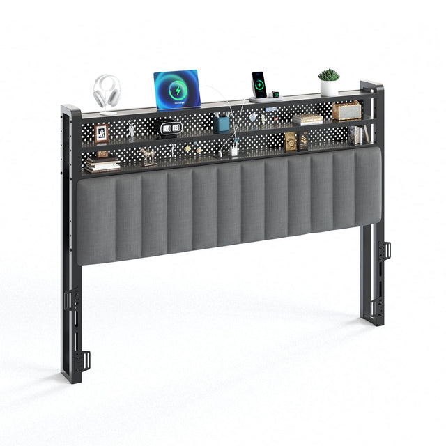 Front. Winado - Queen Size Adjustable Upholstered Headboard Only with 3 Tier Shelves and Pegboard with Charging Stations and LED Lights - Linen & Dark Gray.