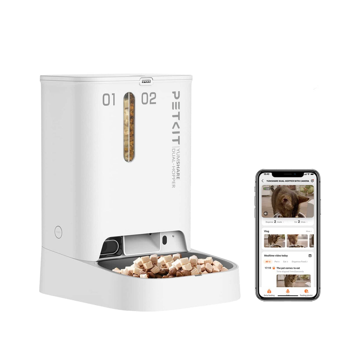 Petkit - Yumshare Dual-Hopper Wifi Enabled 5L Automatic Cat Feeder with Camera, 2-Way Audio and Smart App Control - White